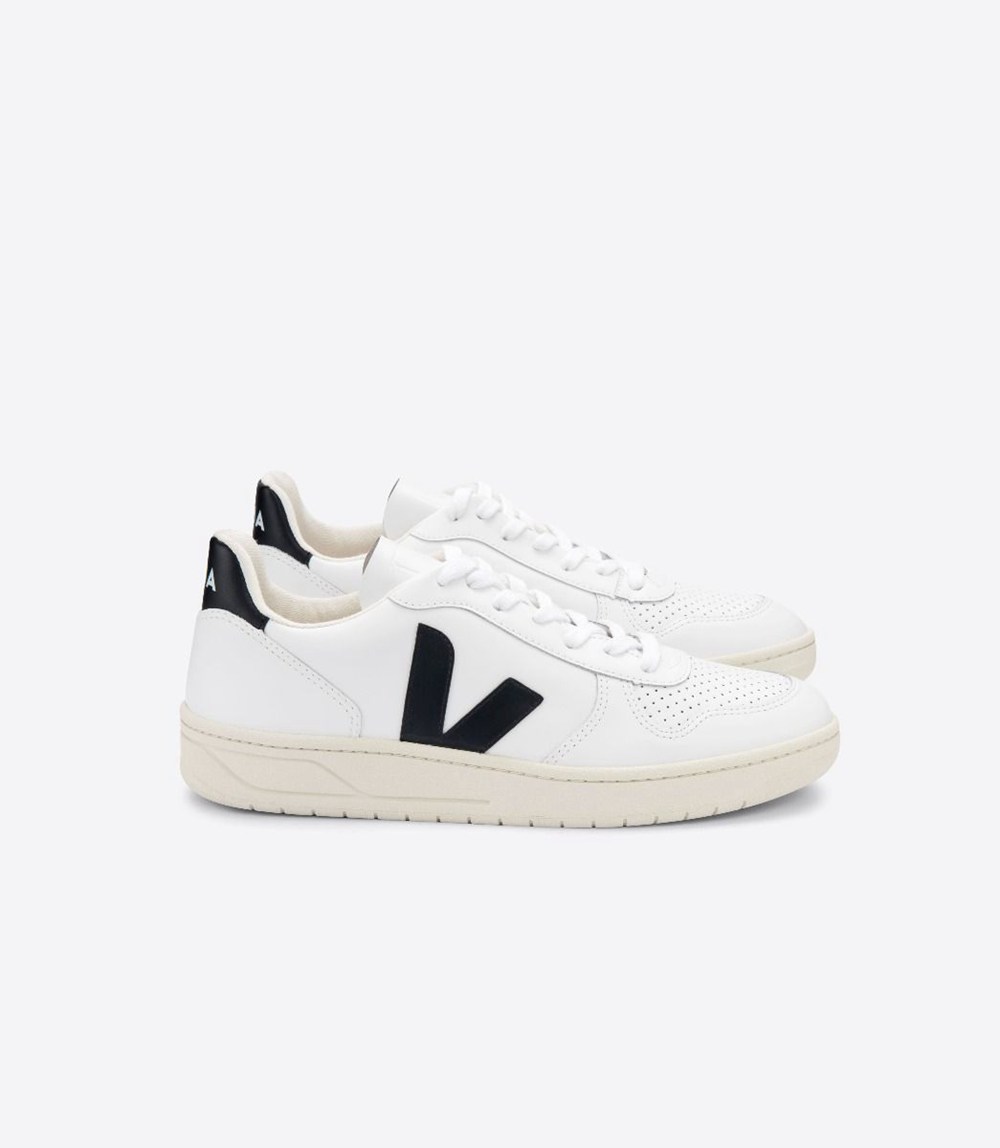 Veja Trainers Mens White/Black - V-10 Leather - EJSQ-85671